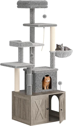 Litter Box Enclosure with Cat Tree 2-in-1 Cat Tower Hidden Washroom Furniture Litter Box Enclosure with Cat Tree 2-in-1 Cat Tower Hidden Washroom Furniture
