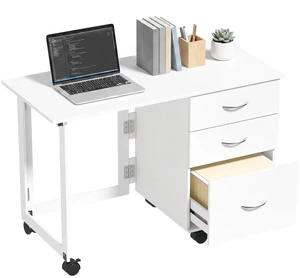 Computer Desk Foldable Top with 3 Drawers, Wheels, White Wood Grain Computer Desk Foldable Top with 3 Drawers, Wheels, White Wood Grain