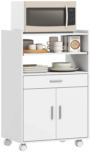 Microwave Cart with Wheels, Microwave Stand with Drawer, White Microwave Cart with Wheels, Microwave Stand with Drawer, White