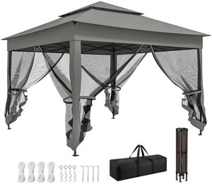 11'x11' Pop Up Gazebo 2-Tier Soft Top Gazebo w/ Mesh Netting, Dark Grey 11'x11' Pop Up Gazebo 2-Tier Soft Top Gazebo w/ Mesh Netting, Dark Grey