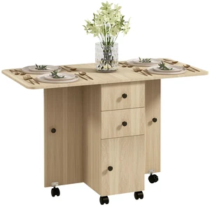 Foldable Dining Table, Rolling Kitchen Table With Storage Drawers Natural Wood Foldable Dining Table, Rolling Kitchen Table With Storage Drawers Natural Wood