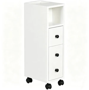 Slimline Bathroom Storage Unit w/ 2 Drawers 2 Open Compartments Wheels White Slimline Bathroom Storage Unit w/ 2 Drawers 2 Open Compartments Wheels White