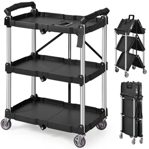 Foldable Utility Service Cart 3 Shelf 165LBS with Swivel Lockable Wheels Foldable Utility Service Cart 3 Shelf 165LBS with Swivel Lockable Wheels