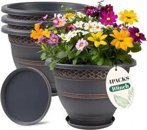 Usocik 10 Inch 4 Pack Plant Pots, Plastic Flower Pot for Indoor & Outdoor with Drainage Holes & Saucer, Plaid Pattern Planters Garden Pots for Herbs Usocik 10 Inch 4 Pack Plant Pots, Plastic Flower Pot for Indoor & Outdoor with Drainage Holes & Saucer, Plaid Pattern Planters Garden Pots for Herbs
