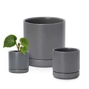 D'vine Dev 3 Inch & 4 Inch & 6 Inch, Set of 3 Round Ceramic Planter Pot with Drainage Hole and Saucer, Grey, 94-T-S-3 D'vine Dev 3 Inch & 4 Inch & 6 Inch, Set of 3 Round Ceramic Planter Pot with Drainage Hole and Saucer, Grey, 94-T-S-3