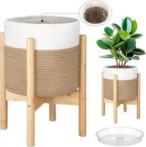 Plant Basket with Stand Indoor Planter Pot Holder Sturdy Jute Rope Modern Woven Basket, Cotton Rope Woven Pot with Bamboo Stand(White and Yellow,10 Inch) Plant Basket with Stand Indoor Planter Pot Holder Sturdy Jute Rope Modern Woven Basket, Cotton Rope Woven Pot with Bamboo Stand(White and Yellow,10 Inch)