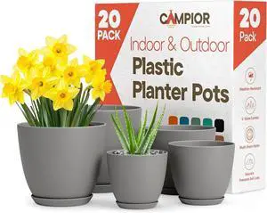 Campior Plastic Plant Pots with Drainage - Home Decor Flower Pot, Stackable Design for Indoor and Outdoor Use, Lightweight and Sturdy, Space-Saving, (7, 6.6, 6, 5.3, 4.8 Inches), Pack of 20, Gray Campior Plastic Plant Pots with Drainage - Home Decor Flower Pot, Stackable Design for Indoor and Outdoor Use, Lightweight and Sturdy, Space-Saving, (7, 6.6, 6, 5.3, 4.8 Inches), Pack of 20, Gray