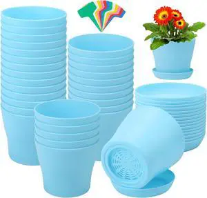 Aodaer 24 Pack 4 Inch Plastic Planters with Multiple Drainage Holes and Tray Indoor Outdoor Flower Plant Nursery Pots with Labels Flower Seedling Pots for Herb Garden Home Succulents, Blue Aodaer 24 Pack 4 Inch Plastic Planters with Multiple Drainage Holes and Tray Indoor Outdoor Flower Plant Nursery Pots with Labels Flower Seedling Pots for Herb Garden Home Succulents, Blue