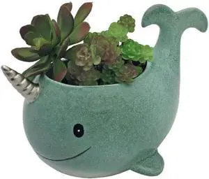 Streamline Imagined Ceramic Narwhal Planter Pot, Drainage Hole Streamline Imagined Ceramic Narwhal Planter Pot, Drainage Hole