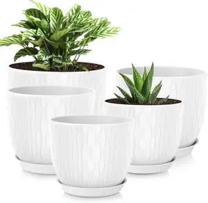 Plastic Plant Pots 10/9/8/7.5/7 inch Set of 5, Flower Planters with Drainage Holes and Saucers, Plastic Pots for Indoor Outdoor Plants, Livingroom Garden Decor (White) Plastic Plant Pots 10/9/8/7.5/7 inch Set of 5, Flower Planters with Drainage Holes and Saucers, Plastic Pots for Indoor Outdoor Plants, Livingroom Garden Decor (White)
