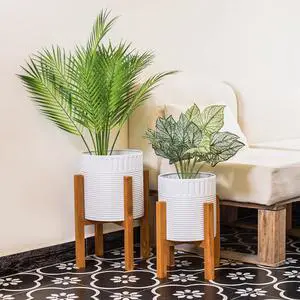 2-Piece White Metal Planter Set with Wood Stand, Indoor Mid Century Modern Planters with Drainage, 8" & 10" 2-Piece White Metal Planter Set with Wood Stand, Indoor Mid Century Modern Planters with Drainage, 8" & 10"