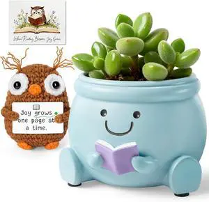 Book Lover Gift Set - Cute Reading Planter Pot with Positive Crochet Owl & Quote Card, Cozy Desk Decor for Teachers, Librarians, Women, Colleague, Friends Book Lover Gift Set - Cute Reading Planter Pot with Positive Crochet Owl & Quote Card, Cozy Desk Decor for Teachers, Librarians, Women, Colleague, Friends