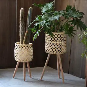RISEON Set of 2 Handmade Mid Century Modern Planter, Rustic Indoor Rattan Basket Flower Pot Plant Stand,Large Floor Planter RISEON Set of 2 Handmade Mid Century Modern Planter, Rustic Indoor Rattan Basket Flower Pot Plant Stand,Large Floor Planter