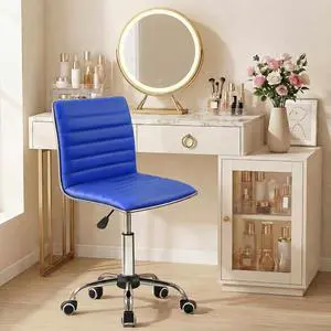JUMMICO Armless Vanity Office Chair with Wheels, Small Cute Makeup Desk Chair Ribbed Leather Swivel Computer Task Chair (Blue) JUMMICO Armless Vanity Office Chair with Wheels, Small Cute Makeup Desk Chair Ribbed Leather Swivel Computer Task Chair (Blue)