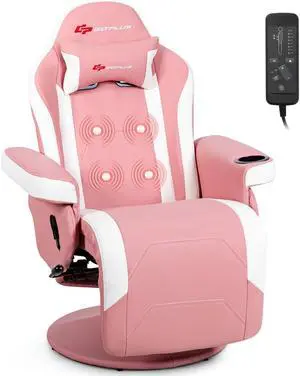 Goplus Pink Massage Gaming Chair, Racing Style Gaming Recliner w/Adjustable Backrest and Footrest, Ergonomic High Back PU Leather Computer Office Chair Swivel Game Chair w/Cup Holder and Side Pouch Goplus Pink Massage Gaming Chair, Racing Style Gaming Recliner w/Adjustable Backrest and Footrest, Ergonomic High Back PU Leather Computer Office Chair Swivel Game Chair w/Cup Holder and Side Pouch