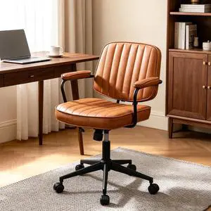 Mid Century Modern PU Leather Office Chair, Brown Adjustable Desk Chair | Chair & Backrest Height Adjustable, Thick Cushioned Seat, 360° Swivel & Smooth Rolling Casters for Comfortable Daily Use Mid Century Modern PU Leather Office Chair, Brown Adjustable Desk Chair | Chair & Backrest Height Adjustable, Thick Cushioned Seat, 360° Swivel & Smooth Rolling Casters for Comfortable Daily Use