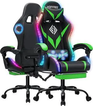 Gaming Chair with Bluetooth Speakers RGB LED Lights Computer Chair-Green | Ergonomic Massage Game Chair with Footrest & Lumbar Support High Back Video Game Chair for Adults Racing Style Gaming Chair with Bluetooth Speakers RGB LED Lights Computer Chair-Green | Ergonomic Massage Game Chair with Footrest & Lumbar Support High Back Video Game Chair for Adults Racing Style