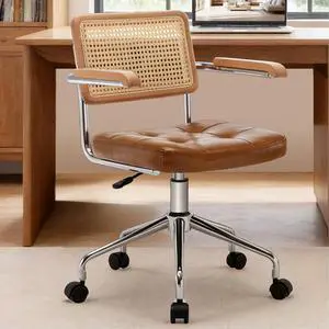 Zesthouse Leather Office Desk Chair with Wheels, Mid Century Rolling Desk Chair with Wood Arm & Natural Rattan Back, Modern Swivel Home Office Chair, Small Height Adjustable Computer Task Chair, Brown Zesthouse Leather Office Desk Chair with Wheels, Mid Century Rolling Desk Chair with Wood Arm & Natural Rattan Back, Modern Swivel Home Office Chair, Small Height Adjustable Computer Task Chair, Brown