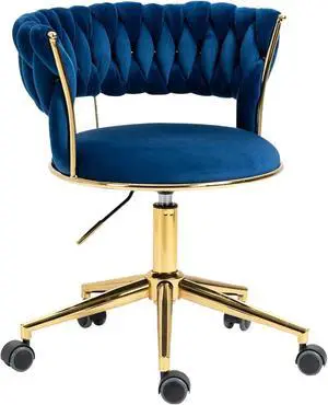 NIOIIKIT Velvet Office Desk Chair with Hand Woven Backrest, 360° Swivel & Height Adjustable Task Chairs, Makeup Chair, Living Room Chairs with Stainless Base and 5 Wheels (Navy) NIOIIKIT Velvet Office Desk Chair with Hand Woven Backrest, 360° Swivel & Height Adjustable Task Chairs, Makeup Chair, Living Room Chairs with Stainless Base and 5 Wheels (Navy)