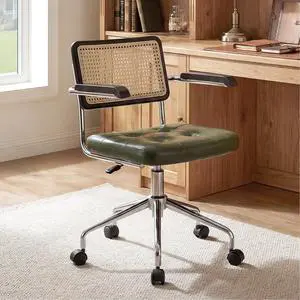 Zesthouse Leather Office Desk Chair with Wheels, Mid Century Rolling Desk Chair with Wood Arm & Natural Rattan Back, Modern Swivel Home Office Chair, Small Height Adjustable Computer Task Chair, Green Zesthouse Leather Office Desk Chair with Wheels, Mid Century Rolling Desk Chair with Wood Arm & Natural Rattan Back, Modern Swivel Home Office Chair, Small Height Adjustable Computer Task Chair, Green