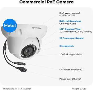 ONWOTE 5MP 122° PoE IP Security Camera, Capture Video Audio, Dome White | IR Night, 5 Megapixels, Commercial Wired CCTV Camera, Home/Business, Indoor/Outdoor, AI Detection, Only Work with ONWOTE NVRs ONWOTE 5MP 122° PoE IP Security Camera, Capture Video Audio, Dome White | IR Night, 5 Megapixels, Commercial Wired CCTV Camera, Home/Business, Indoor/Outdoor, AI Detection, Only Work with ONWOTE NVRs