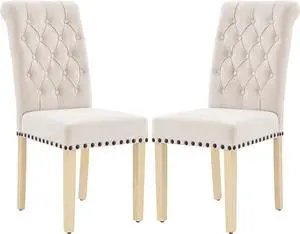 LOULENS Fabric Dining Chairs Set of 2, Upholstered Kitchen Chairs, Beige | Linen, Solid Wood Legs, Parson Chairs, Nailheads Trim, Tufted, Kitchen & Dining Room LOULENS Fabric Dining Chairs Set of 2, Upholstered Kitchen Chairs, Beige | Linen, Solid Wood Legs, Parson Chairs, Nailheads Trim, Tufted, Kitchen & Dining Room