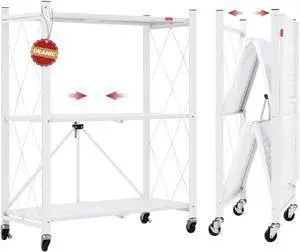 DEANIC 3 Tier Foldable Storage Shelves with Wheels, Kitchen Appliance Stand, Freestanding Metal Wire Shelf Rack, No Assembly Organizer Rolling Cart for Garage, Basement, Pantry(White) DEANIC 3 Tier Foldable Storage Shelves with Wheels, Kitchen Appliance Stand, Freestanding Metal Wire Shelf Rack, No Assembly Organizer Rolling Cart for Garage, Basement, Pantry(White)