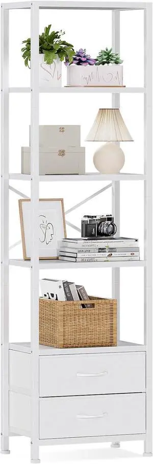 Furnulem 5-Tier Corner Shelf,Tall Narrow Bookshelf with Drawers,White Furnulem 5-Tier Corner Shelf,Tall Narrow Bookshelf with Drawers,White
