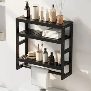Bathroom Shelves with Hanging Bar Over Toilet Storage - Adjustable Wall Organizer (Black) Bathroom Shelves with Hanging Bar Over Toilet Storage - Adjustable Wall Organizer (Black)