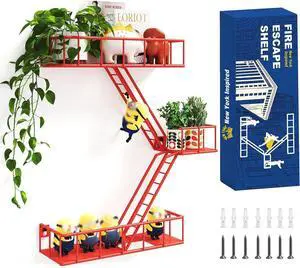 Fire Escape Shelf - 3 Tier Metal Red Fire Escape Wall Shelves with Baskets, New York Action Figurine Display Shelf, Unique Rustic Floating Decorative Wall Shelves for Any Room Fire Escape Shelf - 3 Tier Metal Red Fire Escape Wall Shelves with Baskets, New York Action Figurine Display Shelf, Unique Rustic Floating Decorative Wall Shelves for Any Room