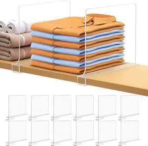 12 PCS Shelf Dividers for Closet Organization Acrylic Clear Closet Shelf Divider for Wooden Shelving Suitable for Wooden or Vertical Shelves Or Bedroom, Kitchen and Office 12 PCS Shelf Dividers for Closet Organization Acrylic Clear Closet Shelf Divider for Wooden Shelving Suitable for Wooden or Vertical Shelves Or Bedroom, Kitchen and Office