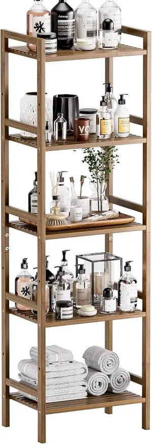 HITNET Bamboo Book Shelf, Tall Narrow Bookcase, Bathroom Shelving Unit 5 Tier Floor Standing Adjustable Bookshelf for Small Spaces, Walnut HITNET Bamboo Book Shelf, Tall Narrow Bookcase, Bathroom Shelving Unit 5 Tier Floor Standing Adjustable Bookshelf for Small Spaces, Walnut