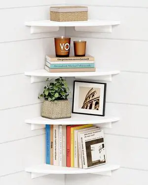 Forbena Corner White Floating Book Shelves for Wall Set of 4, Wood Nursery Corner Bookshelf for Kids Bedroom, Large Modern Round Wall Bookshelves for Living Room Decor, Indoor Plants, Bathroom Forbena Corner White Floating Book Shelves for Wall Set of 4, Wood Nursery Corner Bookshelf for Kids Bedroom, Large Modern Round Wall Bookshelves for Living Room Decor, Indoor Plants, Bathroom