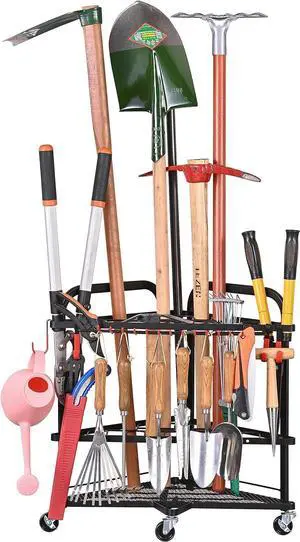 PLKOW Garden Tool Organizer with Wheels and Storage Hooks, Rolling Corner Tool Storage Rack for Garden, Shed, Garage, Powder Coated Steel, Black PLKOW Garden Tool Organizer with Wheels and Storage Hooks, Rolling Corner Tool Storage Rack for Garden, Shed, Garage, Powder Coated Steel, Black