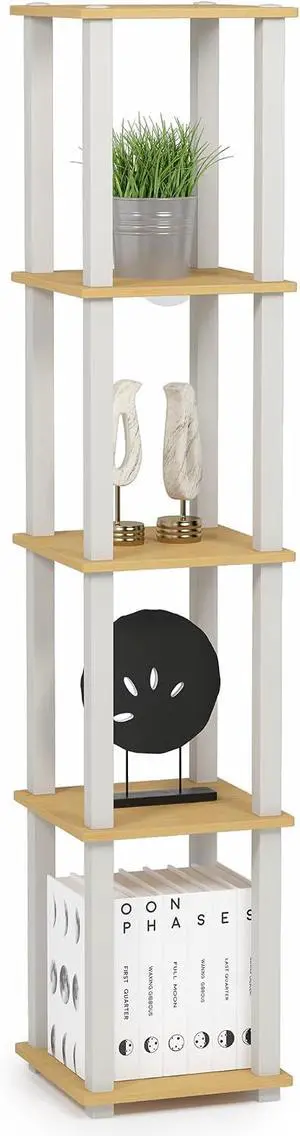FURINNO Turn-S-Tube 5-Tier Corner Square Rack Display Shelf, Beech/White FURINNO Turn-S-Tube 5-Tier Corner Square Rack Display Shelf, Beech/White