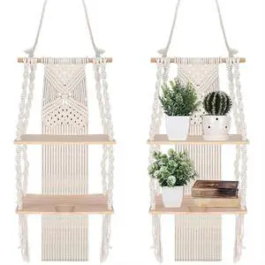 Barydat 2 Pack Macrame Wall Hanging Shelf 2 Tier Handmade Boho Hanging Wall Shelf Floating Woven Rope Decorative Storage Racks Holder Organizer for Home Bedroom Bathroom Plants, Beige (Classic) Barydat 2 Pack Macrame Wall Hanging Shelf 2 Tier Handmade Boho Hanging Wall Shelf Floating Woven Rope Decorative Storage Racks Holder Organizer for Home Bedroom Bathroom Plants, Beige (Classic)