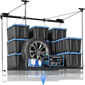 FLEXIMOUNTS Garage Lifting Metal Rack, 4x4 Ft Overhead Garage Storage Racks, Adjustable Heavy-Duty Ceiling Organization System, 350lbs Weight, Satin Black FLEXIMOUNTS Garage Lifting Metal Rack, 4x4 Ft Overhead Garage Storage Racks, Adjustable Heavy-Duty Ceiling Organization System, 350lbs Weight, Satin Black