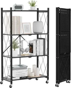 ALANNG 4 Tier Folding Storage Shelf on Wheels,Heavy Duty Metal Rolling Cart ALANNG 4 Tier Folding Storage Shelf on Wheels,Heavy Duty Metal Rolling Cart