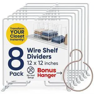 White Wire Shelf Dividers for Closet Organization 12-Pack - Sturdy and Easy Set-Up Closet Shelf Dividers with Bonus Rose Gold Hanger - 12 inches x 12 inches White Wire Shelf Dividers for Closet Organization 12-Pack - Sturdy and Easy Set-Up Closet Shelf Dividers with Bonus Rose Gold Hanger - 12 inches x 12 inches
