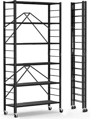Himix 6-Tier Foldable Storage Shelves with Wheels Adjustable Kitchen Black Himix 6-Tier Foldable Storage Shelves with Wheels Adjustable Kitchen Black