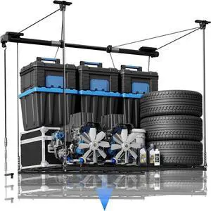 FLEXIMOUNTS GL1 Overhead Garage Lifting Storage Rack, 4x4 Ft Heavy-Duty Metal Garage Ceiling Rack, Adjustable Organization System With 71''L Axle, 350lbs Weight, Black FLEXIMOUNTS GL1 Overhead Garage Lifting Storage Rack, 4x4 Ft Heavy-Duty Metal Garage Ceiling Rack, Adjustable Organization System With 71''L Axle, 350lbs Weight, Black