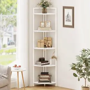 FATORRI Tall Corner Shelf, 5 Tier Modern Corner Bookshelf Stand, Wood and Metal Corner Plant Bookcase for Living Room, Home Office (White Oak) FATORRI Tall Corner Shelf, 5 Tier Modern Corner Bookshelf Stand, Wood and Metal Corner Plant Bookcase for Living Room, Home Office (White Oak)