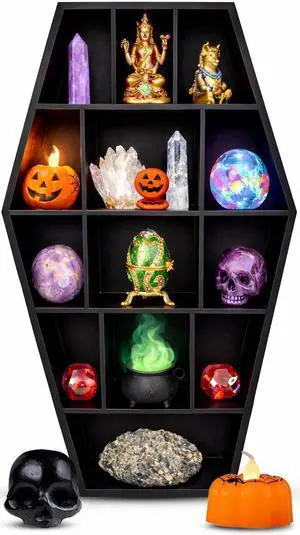 Curio Coffin Shelf - Wooden Goth Decor for Display or Storage of Shot Glasses, Mini Figures, Rocks, and More - 17 by 9.75 by 2.75 Inches Curio Coffin Shelf - Wooden Goth Decor for Display or Storage of Shot Glasses, Mini Figures, Rocks, and More - 17 by 9.75 by 2.75 Inches