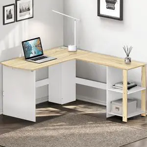SHW 51 x 51 L-Shaped Home Office Wood Corner Desk with Storage, Oak SHW 51 x 51 L-Shaped Home Office Wood Corner Desk with Storage, Oak