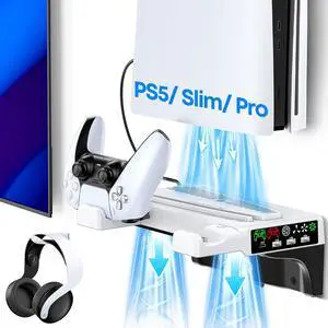 PS5/Slim/Pro Wall Mount Kit with Cooling Fan & Charging Station, PS5 Shelf Floating Mount for All PlayStation 5/Slim/Pro Disc & Digital Console, PS 5 Wall Bracket Behind TV, PS Five Pro Accessories PS5/Slim/Pro Wall Mount Kit with Cooling Fan & Charging Station, PS5 Shelf Floating Mount for All PlayStation 5/Slim/Pro Disc & Digital Console, PS 5 Wall Bracket Behind TV, PS Five Pro Accessories