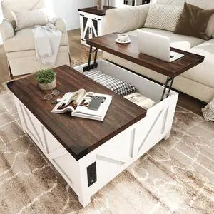 jimeimen Farmhouse Lift Top Coffee Table with Storage, Wood Square Center Table with Charging Station&USB Port, Living Room Table w/Large Hidden Space, for Living Room, Bedroom, Home Office, White jimeimen Farmhouse Lift Top Coffee Table with Storage, Wood Square Center Table with Charging Station&USB Port, Living Room Table w/Large Hidden Space, for Living Room, Bedroom, Home Office, White