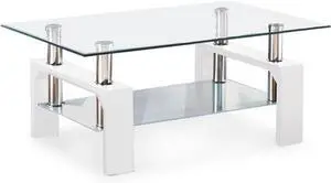 Rectangle Glass Coffee Table-White Modern Side Coffee Table with Lower Shelf Metal Legs-Suit for Living Room Rectangle Glass Coffee Table-White Modern Side Coffee Table with Lower Shelf Metal Legs-Suit for Living Room