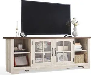 LINSY HOME Farmhouse TV Stand for 65 Inch TV, Wood Entertainment Center with Glass Door Storage Cabinet & Adjustable Shelves, Large Sturdy TV Console Table for Living Room Bedroom LINSY HOME Farmhouse TV Stand for 65 Inch TV, Wood Entertainment Center with Glass Door Storage Cabinet & Adjustable Shelves, Large Sturdy TV Console Table for Living Room Bedroom