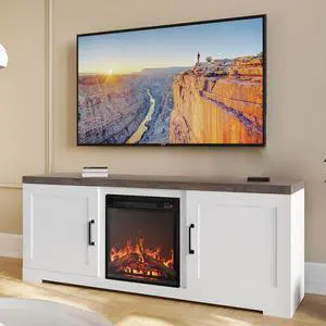 BELLEZE Modern 58" Farmhouse TV Stand with 18" Electric Fireplace Heater & Media Entertainment Center for TV up to 65", Console Table with Storage Cabinets - Hilo (White) BELLEZE Modern 58" Farmhouse TV Stand with 18" Electric Fireplace Heater & Media Entertainment Center for TV up to 65", Console Table with Storage Cabinets - Hilo (White)