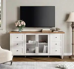WAMPAT Glass Door TV Stand for 65 Inch TV with Storage Cabinet, Off White WAMPAT Glass Door TV Stand for 65 Inch TV with Storage Cabinet, Off White